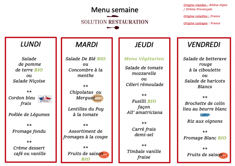 menus pour les cantines scolaires de Aix en Provence dans les Bouches du Rhône