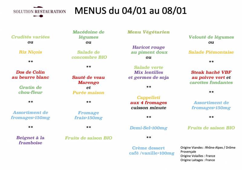 Menus proposés par APR pour les mois de Décembre et Janvier