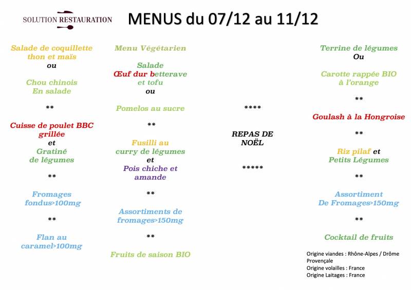 Menus proposés par APR pour les mois de Décembre et Janvier