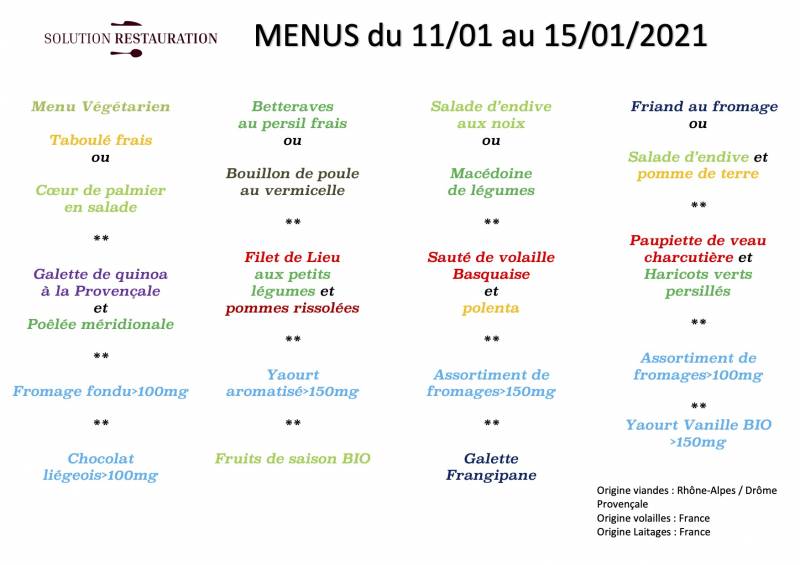 Menus proposés par APR pour les mois de Décembre et Janvier