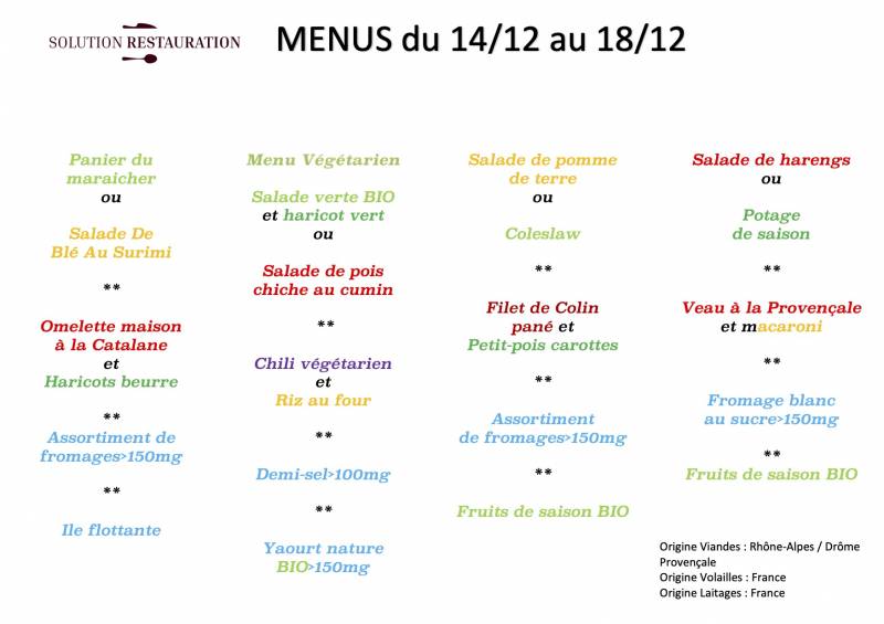 Menus proposés par APR pour les mois de Décembre et Janvier